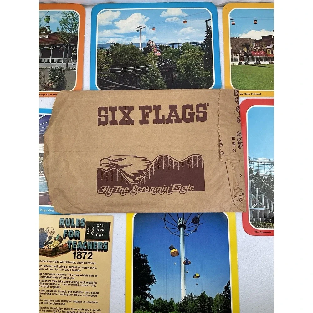 Lot Of 8 Vintage Six Flags Of Mid America Postcards With Six Flags Bag